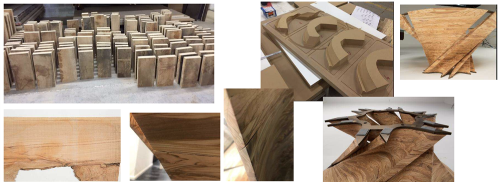 *Crafting process of the Natuzzi Torsion Table showing olive wood selection, cutting, shaping, and assembly